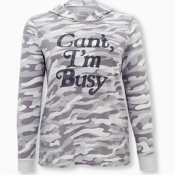 Torrid 1X 2X Shirt Hoodie Grey Camo Can't I'm Busy - Picture 3 of 4